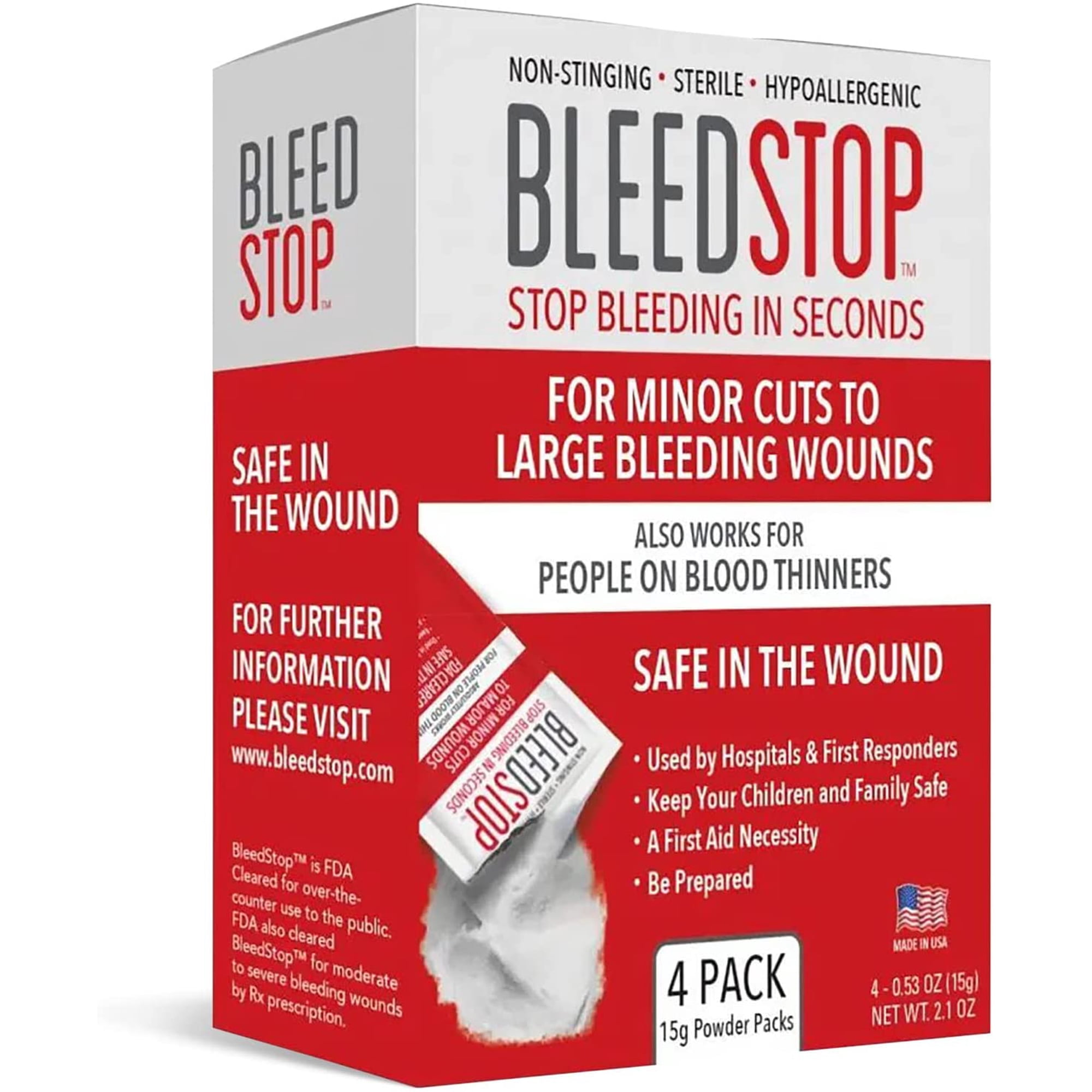 First Aid Powder for Blood Clotting, Trauma Kit, Blood Thinner Patients, Camping Safety, and Survival Equipment for Moderate to Severe Bleeding Wounds or Nosebleeds - 4 (15g) Pouches