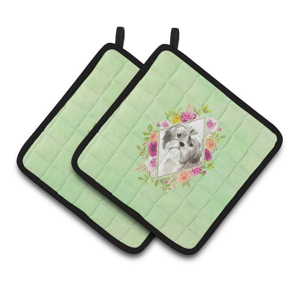Carolines Treasures CK4371PTHD Shih Tzu Puppy Green Flowers Pair of Pot Holders 7.5HX7.5W multicolor