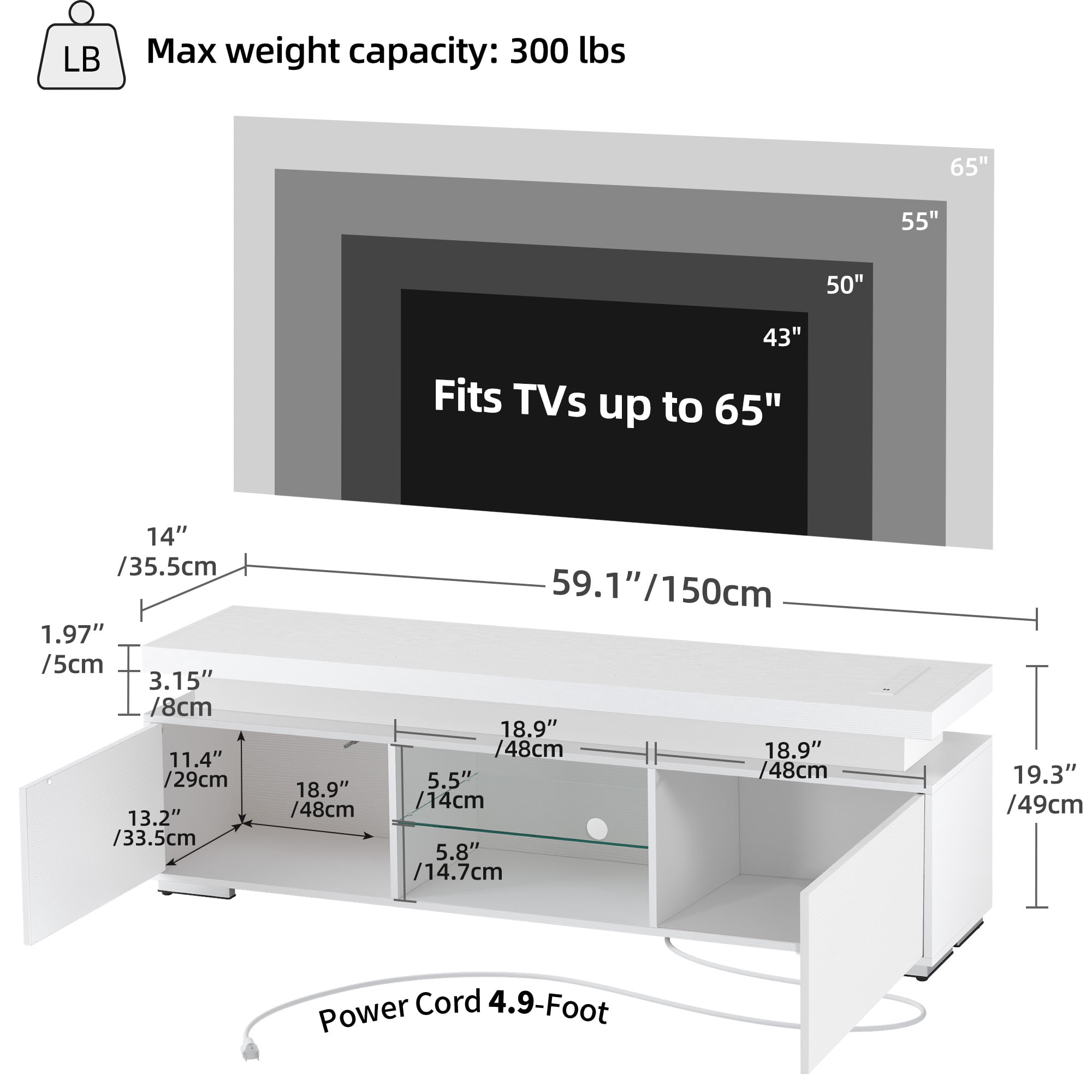 DEXTRUS LED Entertainment Center with Power Outlets, Modern TV Stand for 55/60/65 inch, Universal Gaming LED TV Media Stand w/Large Storage, White