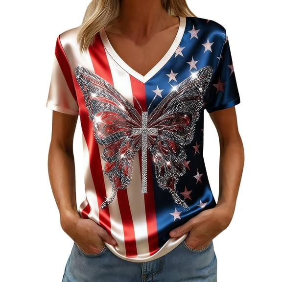 MEICHEN Women's V Neck Butterfly & Rose Print T Shirt Patriotic Glitter Graphic Casual Top