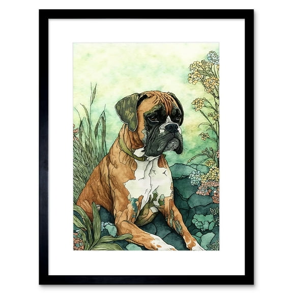 Boxer Dog in Flower Field Colourful Watercolour Illustration Artwork Framed Wall Art Print 9X7 Inch