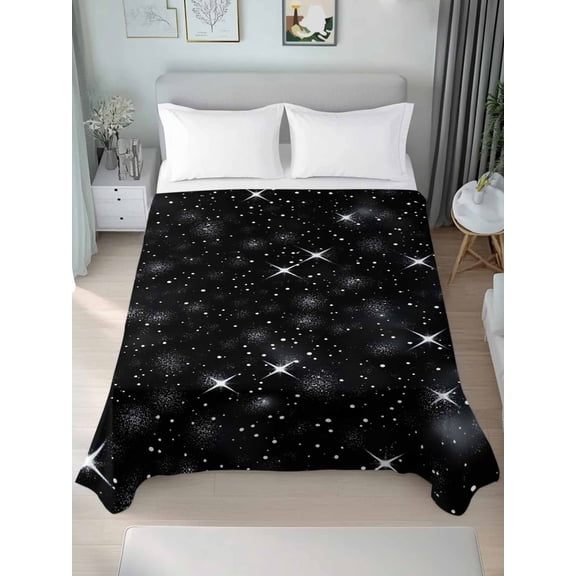 Starry Sky Queen Size Flat Sheet, Wrinkleproof & Fadeproof Cooling Flat Bed Sheet Only, Modern Black Abstract Dots Stars Aesthetic Breathable Soft Bedding Top Sheets 90 x 102 Inches