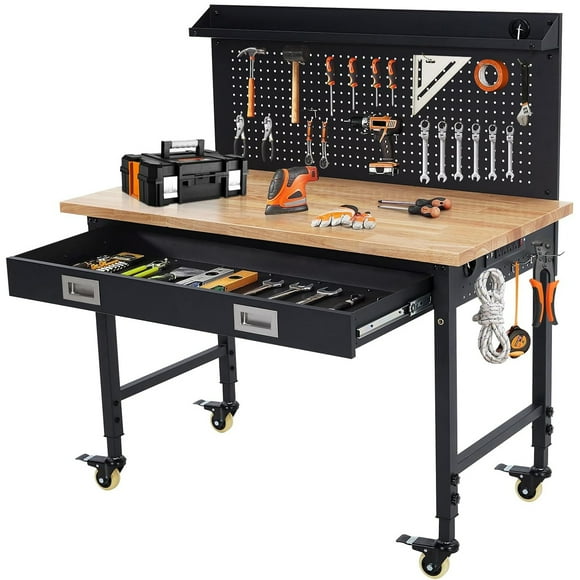 2000lb Capacity Adjustable Rolling Workbench w/ Power Outlets & Lights - 48"x24" Heavy-Duty Garage Workstation w/ Storage Drawer, Pegboard & 30 Hooks