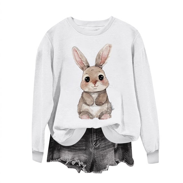 Penkiiy Chemises de Pâques pour Femmes 2024 Manches Longues Mignon Lapin Col Rond Chandail en Molleton Graphique Lapin Décontracté Été Blouse Tunique Hauts 2TG Blanc