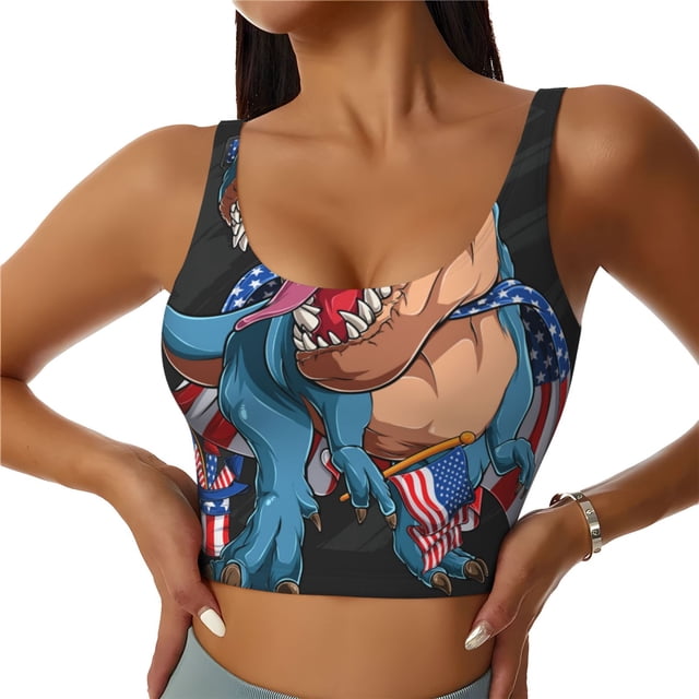 Fotbe Blue Dinosaur Sujetador Deportivo Largo sin Aros para Mujer con Almohadillas y Soporte Medio, Transpirable y Absorbente, Camiseta Tipo Chaleco o Tank Top-Small