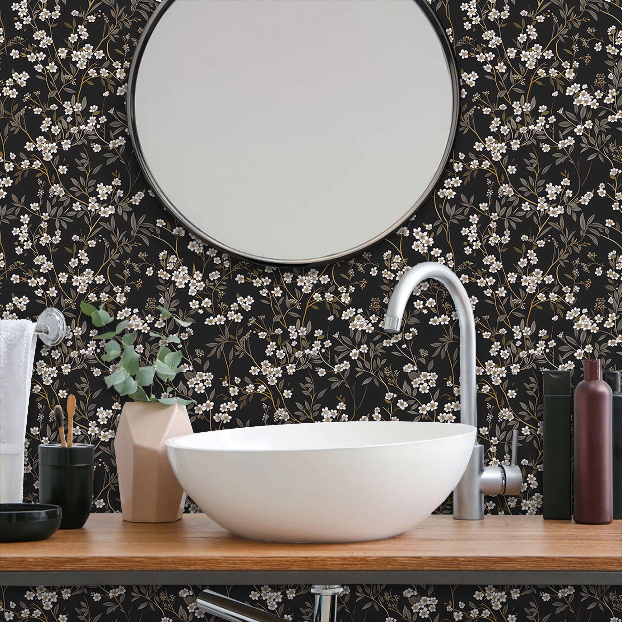 (4 pack) UMIGGEE Floral Wallpaper Peel and Stick Flower Black Wall Paper Self Adhesive Wallpaper 17.7-in x 118-in Contact Paper Removable Wallpaper for Home Decor Wall Covering Old Furniture Renovation