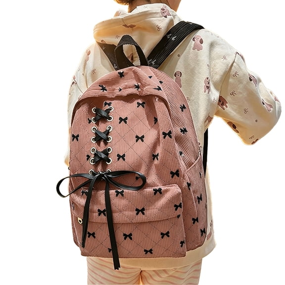 SGMVNU Corduroy Backpack for Middle High School Students, Ribbon Lace-up Bowknot Schoolbag Female Fashion Daypack, Pink
