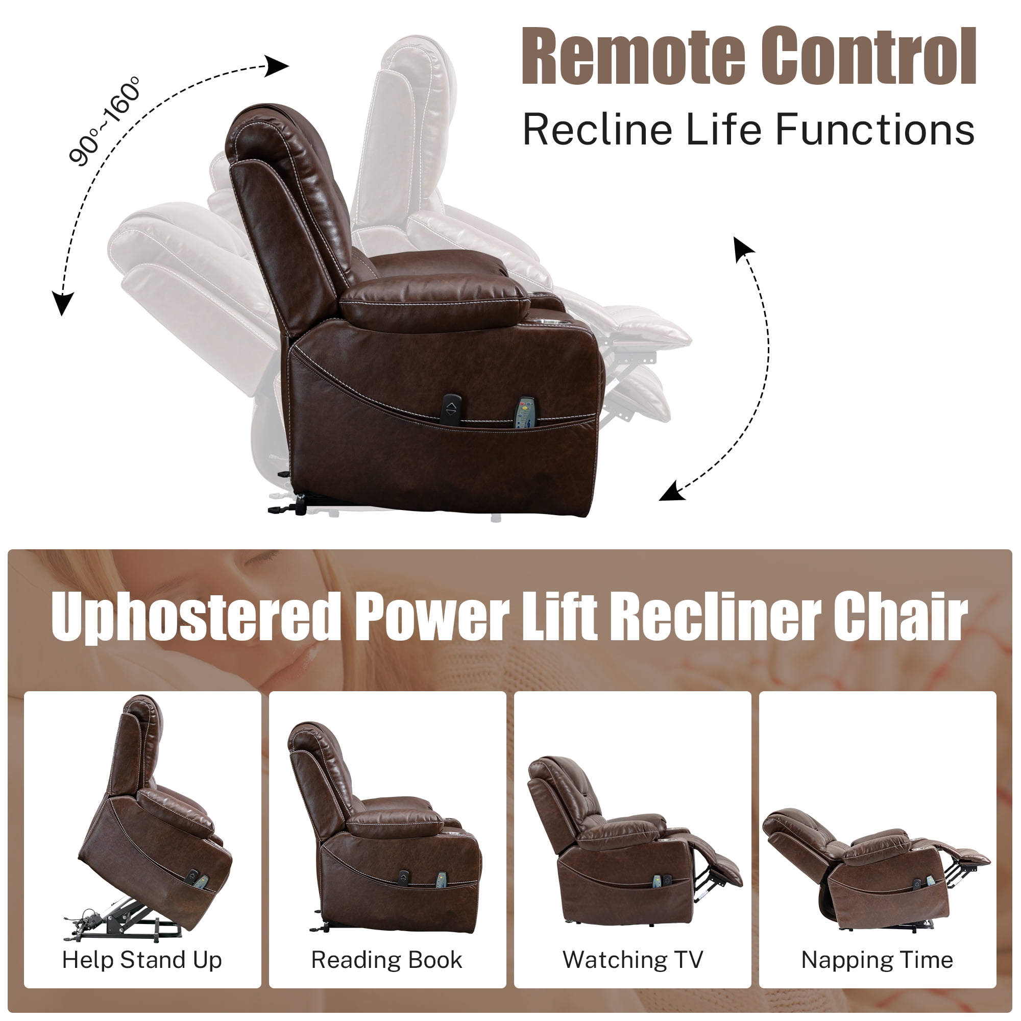 LEGAHOME Large Lift Recliner with Heated and Massage Functions, Extended Leather Lift Chair with Remotes and 2 Cup Holders, Oversized Electric Power Lounge Sofa for Elderly Big Men, Brown