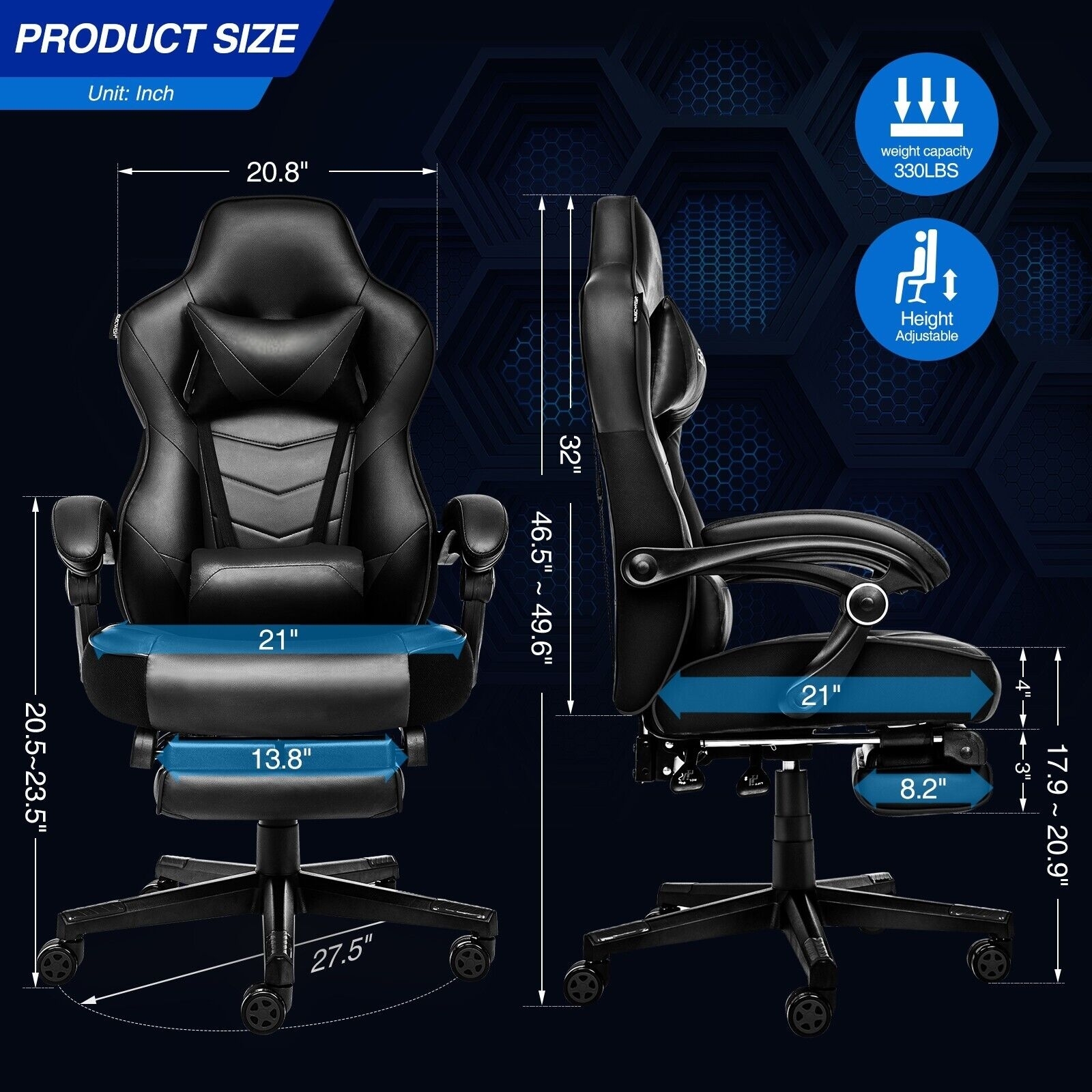 PULUOMIS Gaming Chair with Footrest Ergonomic Office Chair with Arms for Adults Kids, Black