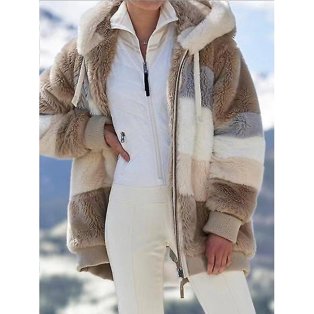 Chaqueta de mujer Moda Patchwork Felpa Cremallera Abrigo con capucha Regalo de Navidad-3