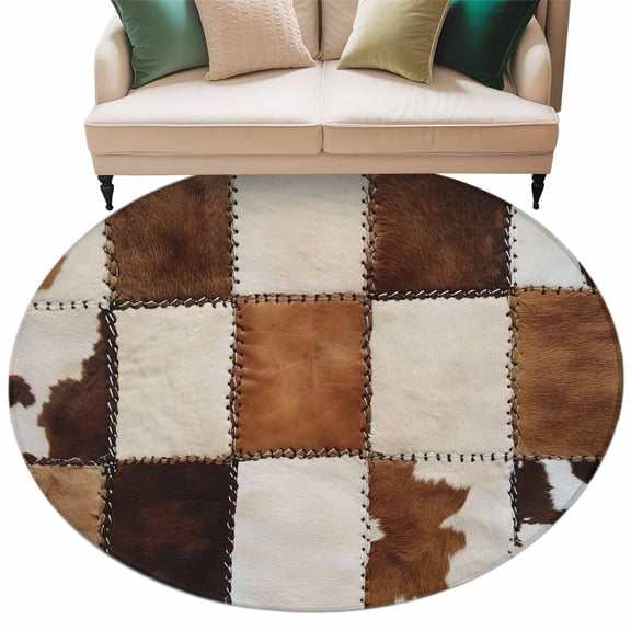 Round Rug 6Ft Abstract Cowhides Circle Area Rugs Washable Non Slip Indoor Floor Mats Carpet for Living Room Bedroom Dining Room Home Decor