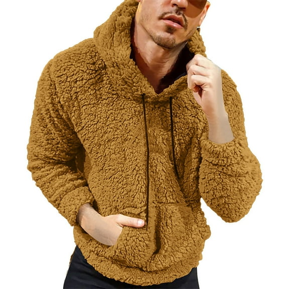 MIASHUI Men's Winter Plush Pullover Hoodie Drawstring Hood Long Sleeve Soft Warm Casual Loungewear Top Khaki,XXXL
