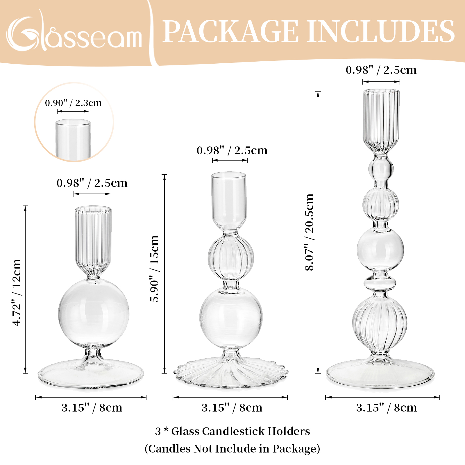 Glasseam Set of 3 Clear Glass Taper Candle Holders: Modern Christmas Wedding Table Centerpiece Decorations Ideal Gift Idea