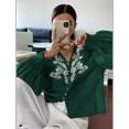 thumbnail image 4 of Women's Embroidered Linen Shirts Button Up Sleeve V Neck Boho Blouse Green L, 4 of 10