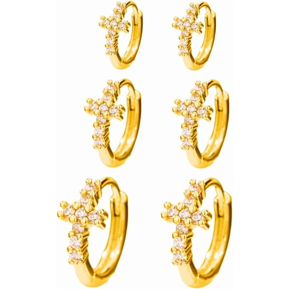 3 Pairs Small CZ Cross Hoop Earrings for Women Rhinestone Huggie Hoops Tiny Cartilage Earring Set Piercing Ear Hooped Jewelry Dainty Present 6/8/10mm