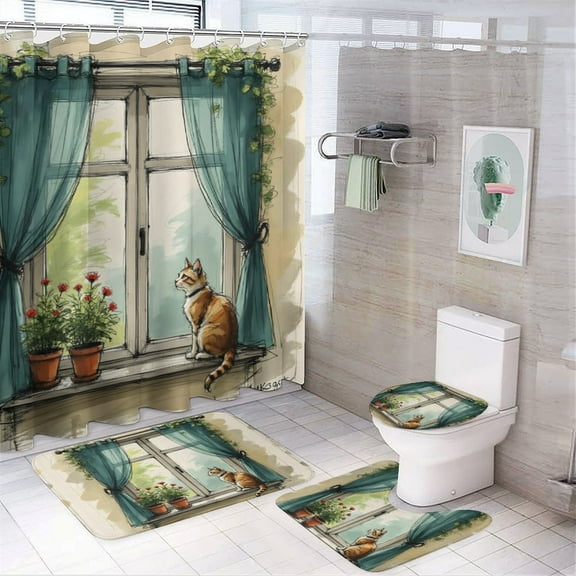 Cat Print Bathroom Shower Curtain Set, Cute 4-Piece Decor with 72" x 72" Shower Curtain, Toilet Cover Mat, U-Shaped Mat, Non-Slip Floor Mat Included