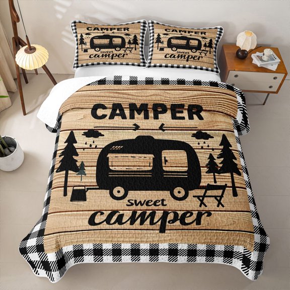 Catabedysis Plaid Camping Quilt Full,Sweet Camper Print Full Bedspread Sets For Boys,Multicolor,3Pcs
