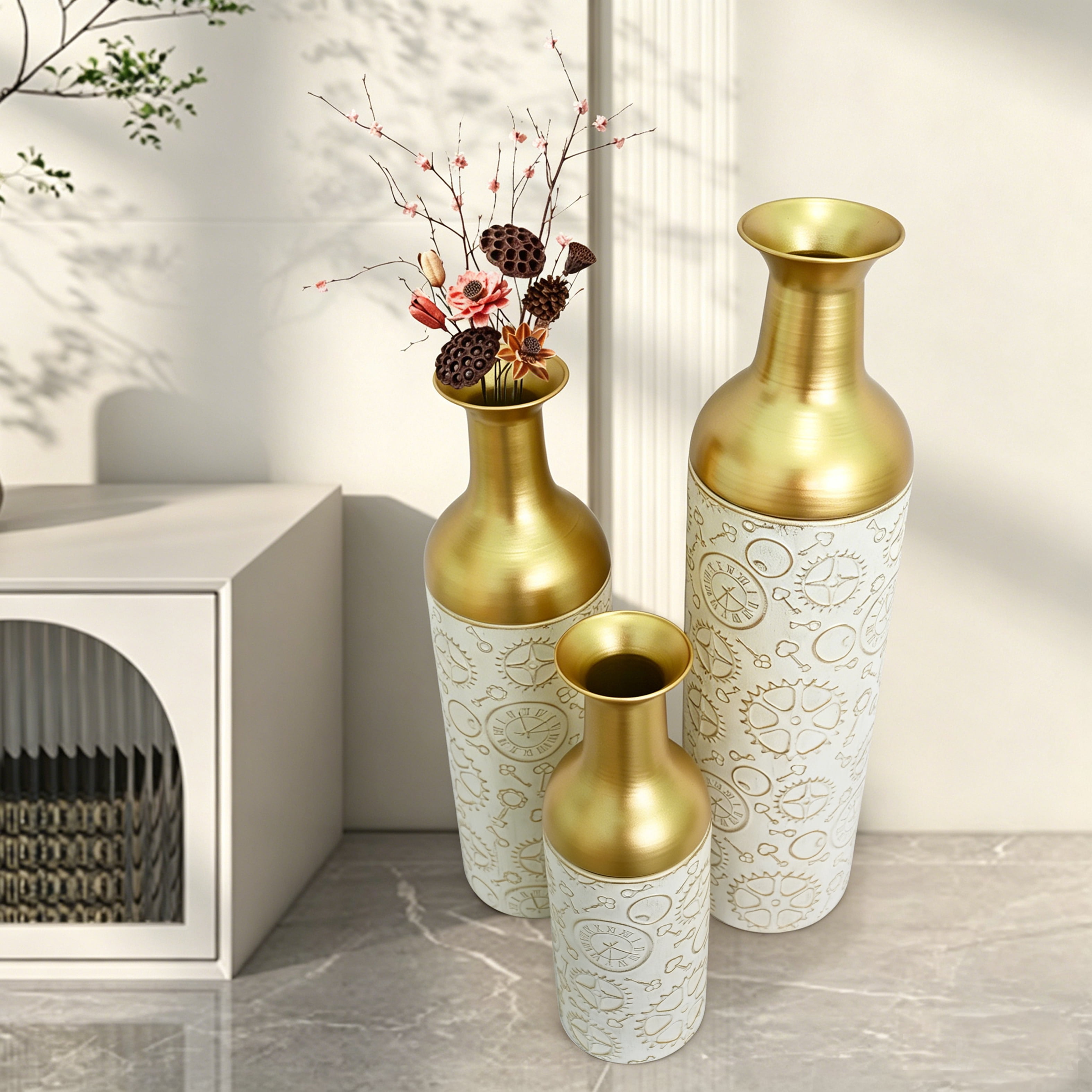 Metal Floor Vases Set of 3 with Leaf Pattern, Tall Decorative Vases and Home Decor Accents for Living Room Entryway, Antique White and Gold