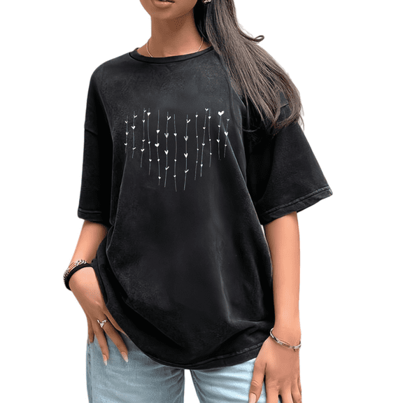 Women's Black Print Tshirt Graphic Tees Minimalist Heart Line Pattern Shirts S-2XL Casual Daily Tops