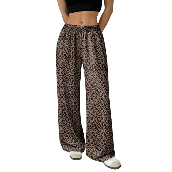 DOKOTOO Womens Leopard Print Pants Casual Elastic Waist Wide Leg Pants Loose Lounge Trousers with Pockets