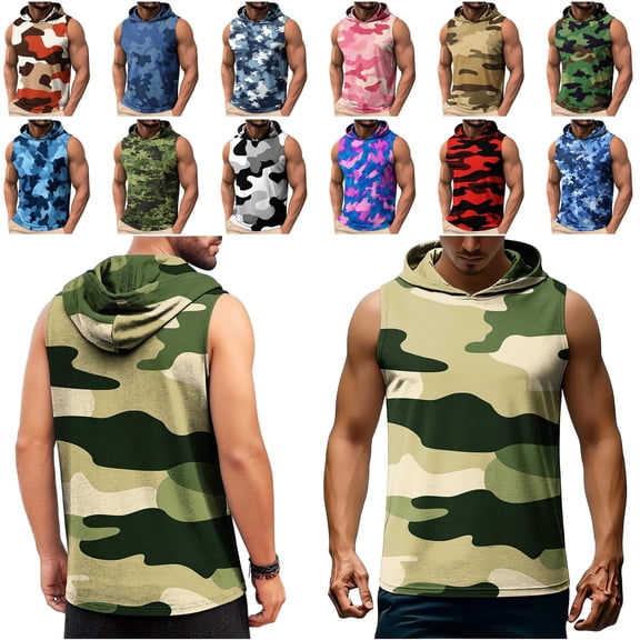 MASRIN Men's Hooded Sleeveless Camo Tank, Quick Dry Gym Shirt for Workout and Sports Multicolor S