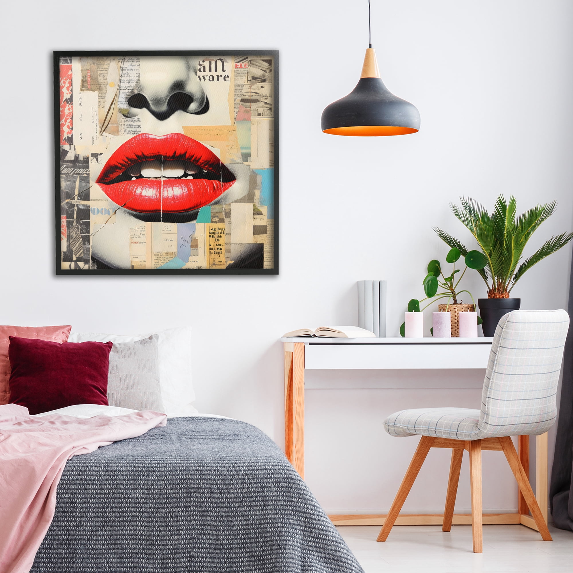 Stupell Industries Fashion Collage with Scarlet Lips Black Framed Giclee Art, design by Creative Studio
