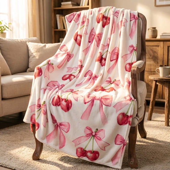 Cherry Bow Throw Blanket for Couch, Soft Flannel Warm Cozy Decor Cover, Washable Blanket for Living Use.