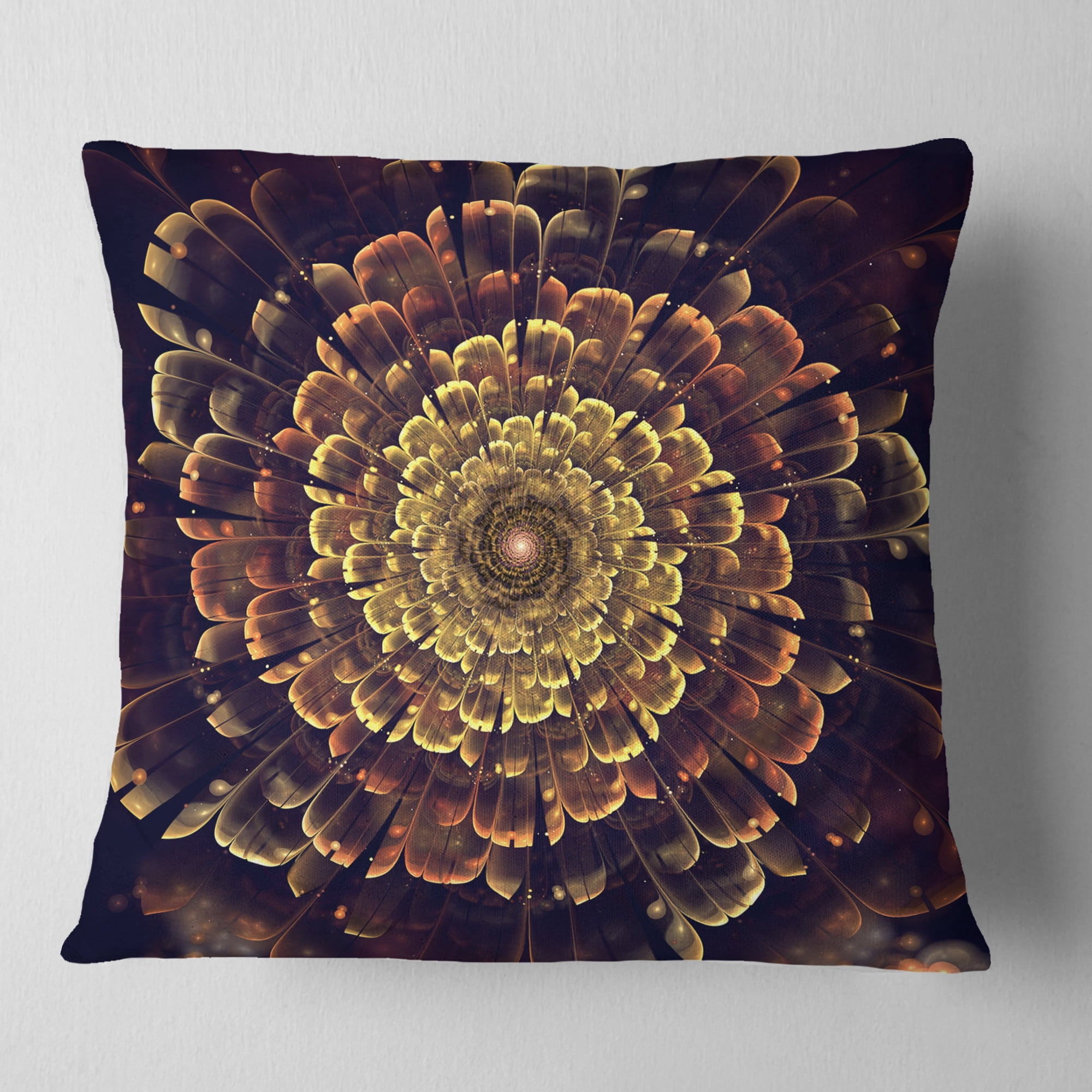 Designart Perfect Fractal Flower in Brown and Gold - Floral Throw Pillow - 18x18