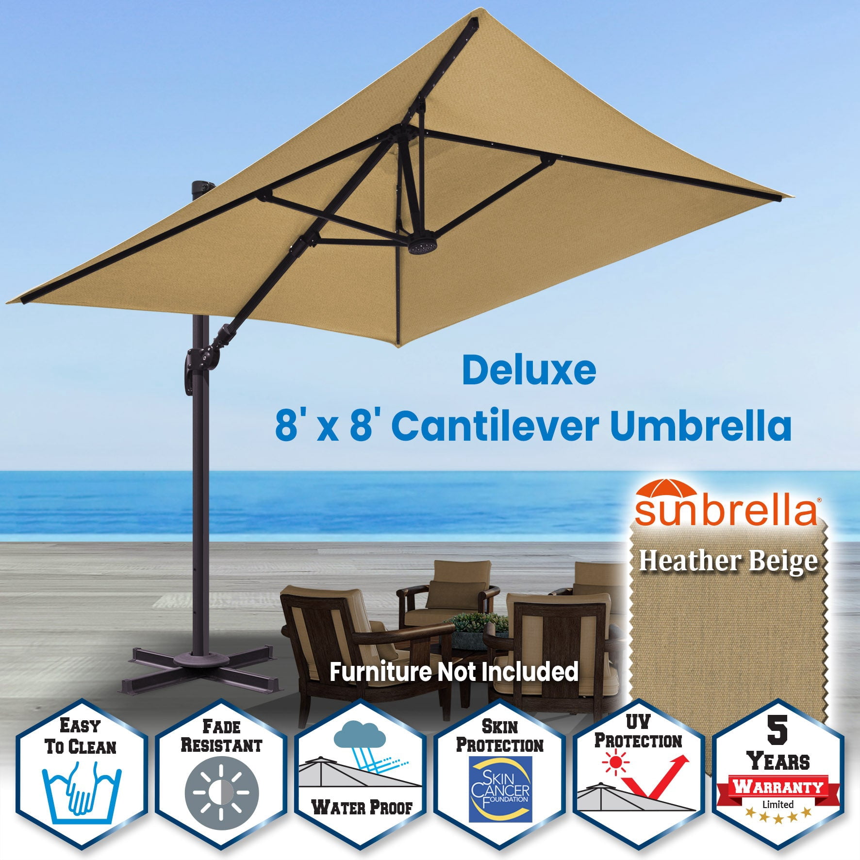 SUNNYOUTDOOR 8'x8' Sunbrella Cover Umbrella Deluxe Cantilever Umbrella Outdoor Garden Patio Umbrella (Heather Beige)