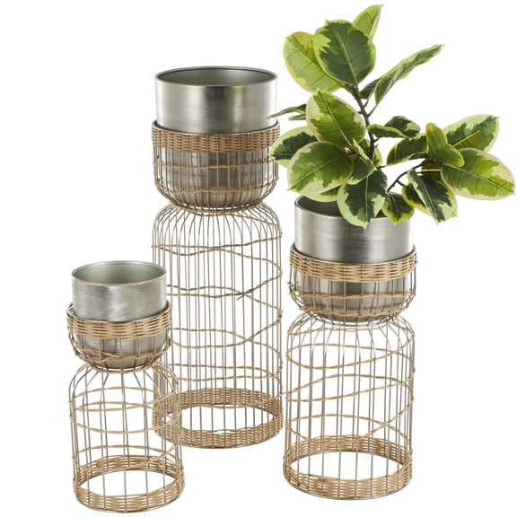 DecMode 30", 23", 18"H Textured Dome Silver Metal Planter with Woven Rattan and Caged Rod Pedestal Base (3 Count)