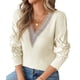 thumbnail image 3 of Suéteres de Larga para Mujer, de Otoño, con Encaje, Cuello en V, de Punto, Hombros Caídos, Jerseys, Tops. Crema S, 3 of 9