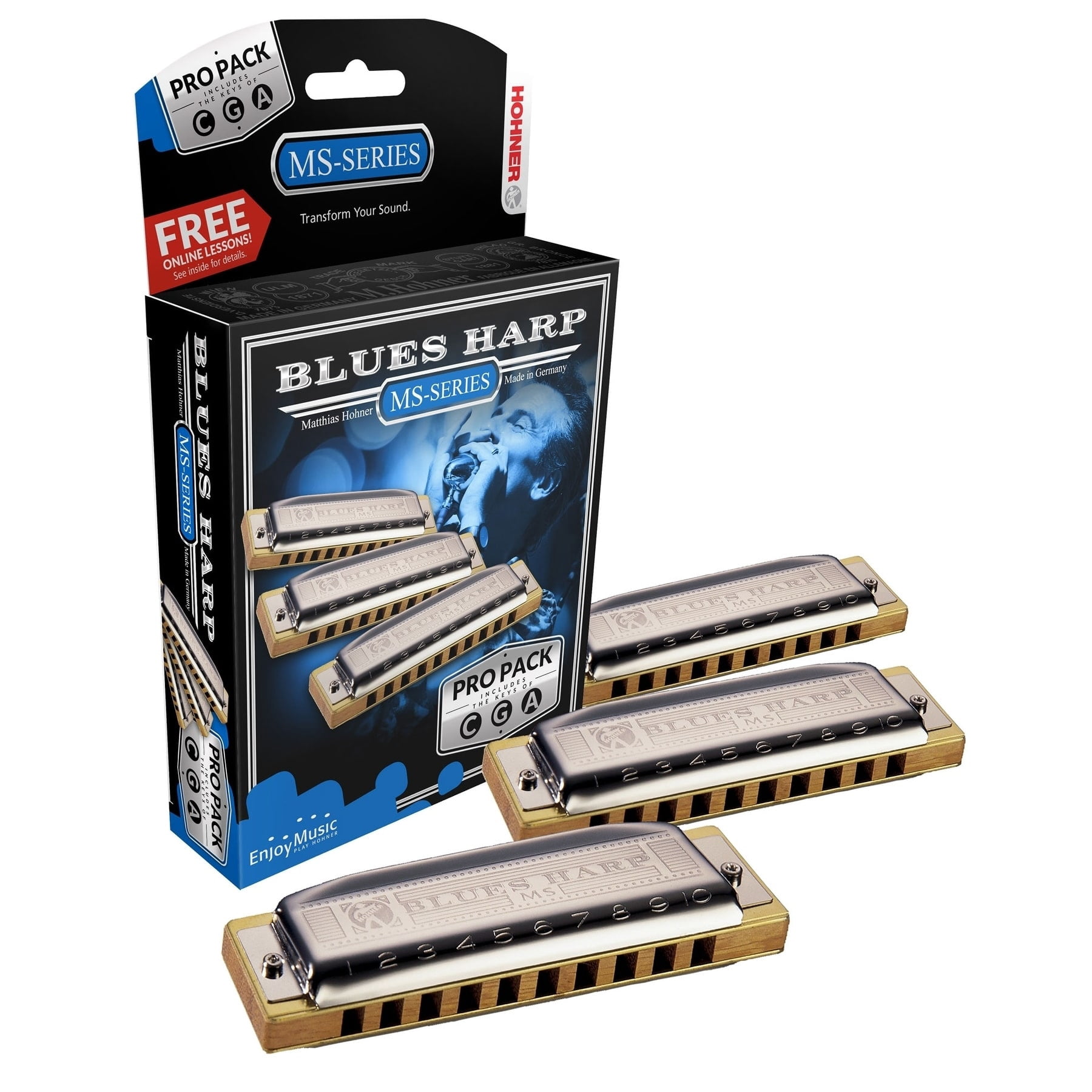 Hohner MS System Blues Harp Pro Harmonica, 3-Pack, Keys C, G and A