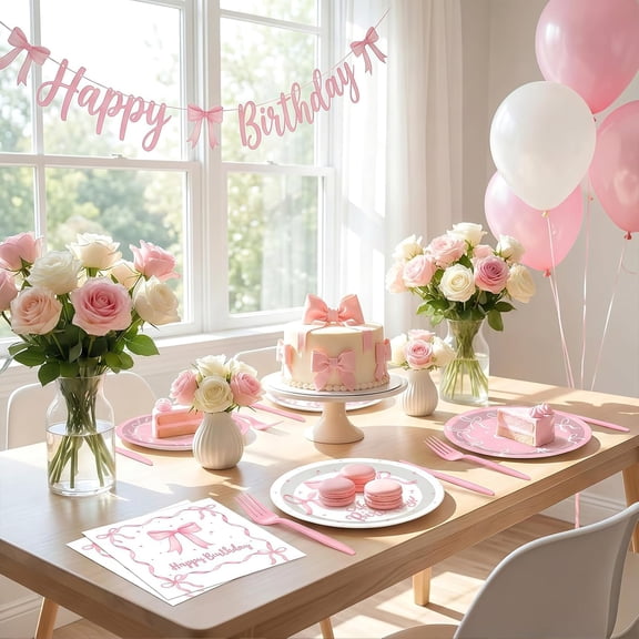 80pcs Pink Bow Coquette Birthday Party Decorations Tableware Set - Disposable Dessert Plates, Napkins & Forks, Table Supplies Favors for Kids Girls Baby Shower, Serves 20