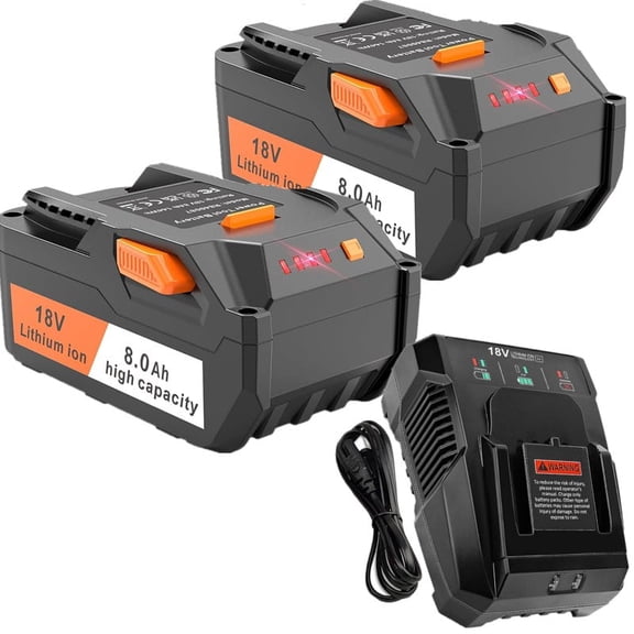 2 Pack 8.0Ah 18V Battery Replacement for Ridgid Power Tool Battery with 18V Fast Charger R840087 R840083 R840085 R840086 AC840089 AC840085 AC840086