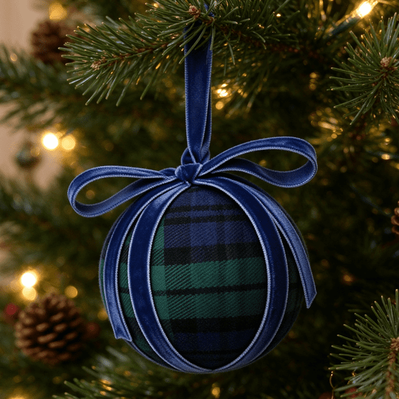 Clearance! Blue Plaid Christmas Ball Ornament, Hanging Decoration with Ribbon Bow for Xmas Tree, Holiday Home Decor & Gift
