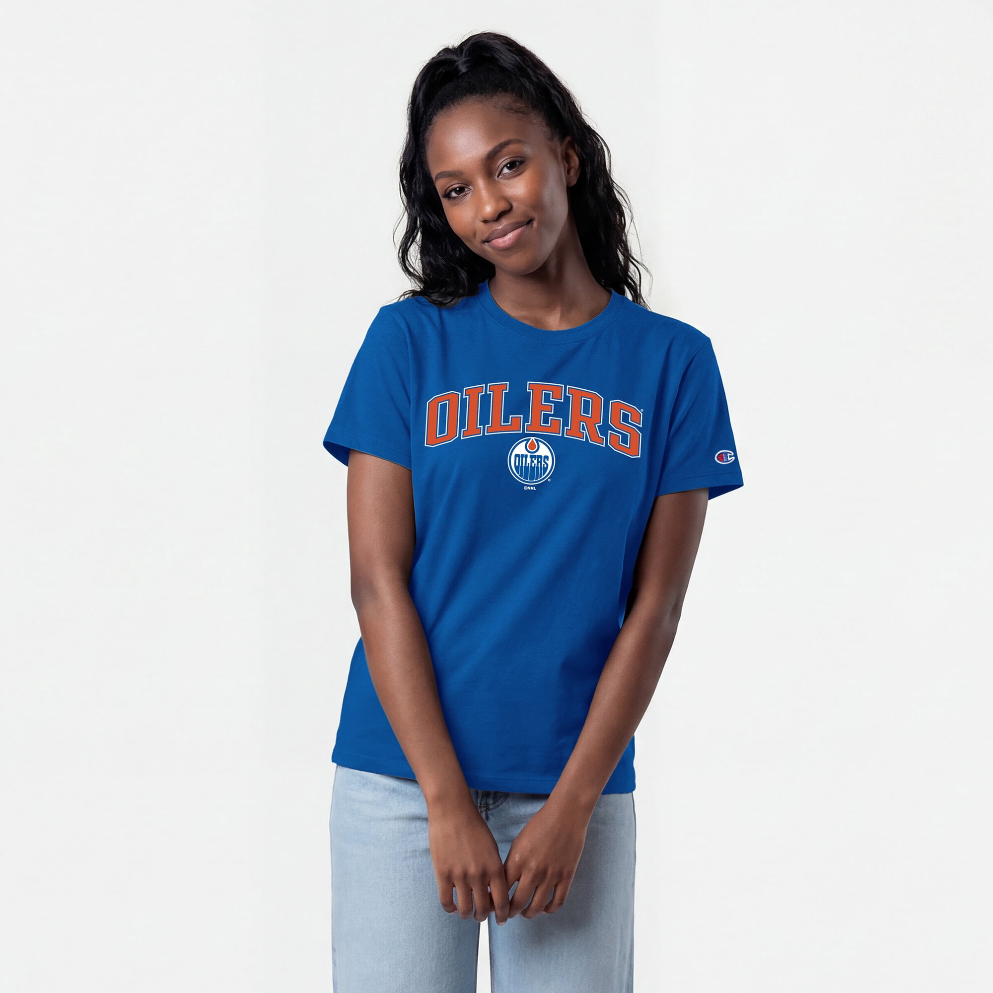 Women's Champion Royal Edmonton Oilers Arch Mascot Logo T-Shirt