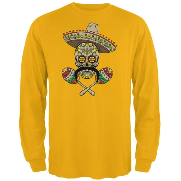Cinco de Mayo Sombrero Skull Maracas Crossbones Mens Long Sleeve T Shirt Gold SM