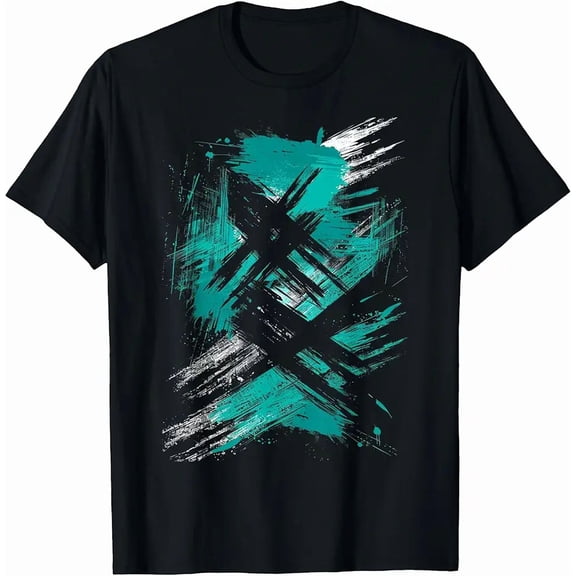 Unisex Casual Abstract Teal Brush Stroke Graphic T-Shirt