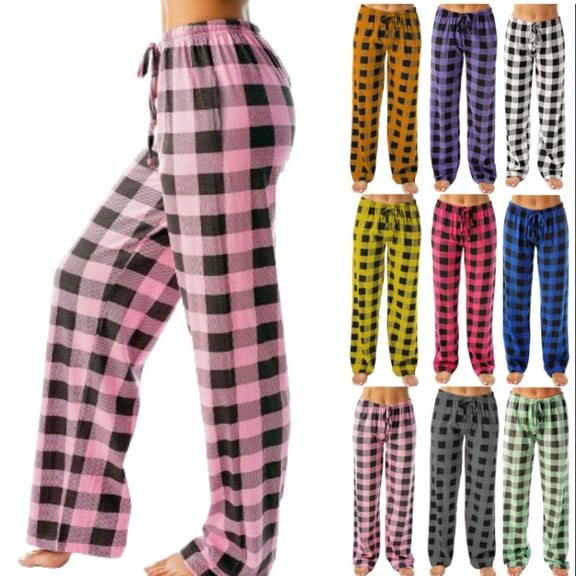 DENGDENG Women Fall Pajamas Comfy Plaid Wide Leg Pj Pants Baggy Elastic High Waisted Christmas Sleep Pajama Pants Cotton Drawstring Lounge Pants with Pockets Pink 3XL