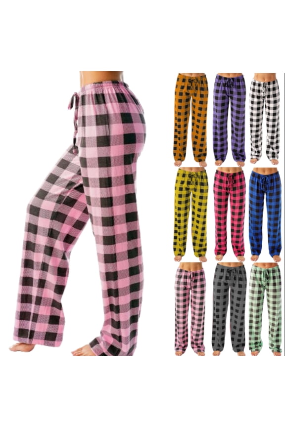 Women Fall Pajamas Comfy Plaid Wide Leg Pj Pants Baggy Elastic High Waisted Christmas Sleep Pajama Pants Cotton Drawstring Lounge Pants with Pockets Pink 3XL