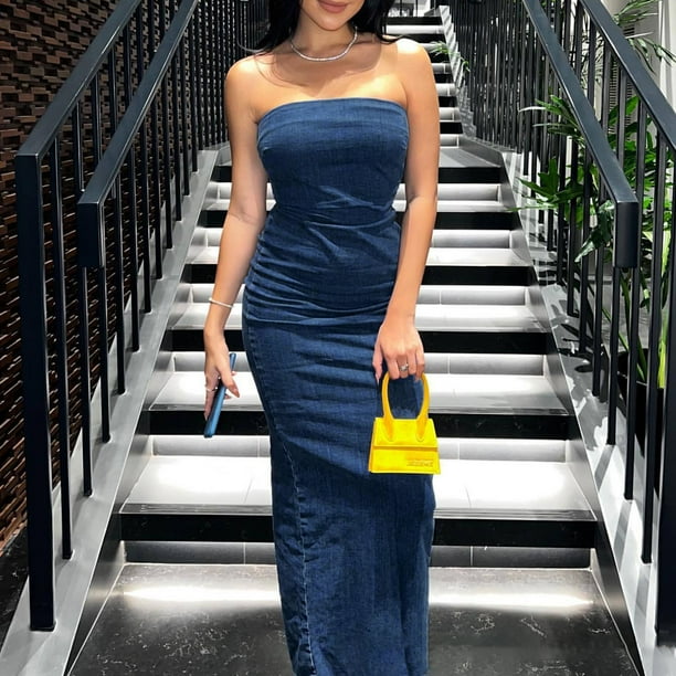 Vestido vaquero sin espalda con hombros descubiertos traje de fiesta de color liso para mujer con cierre de cremallera