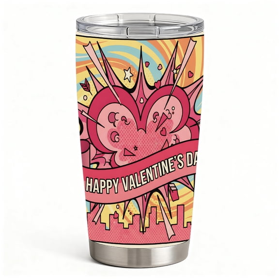 Stainless Steel Insulated Tumbler with Lid, Pop Art Heart Explosion Valentine Design, Double-Wall Hot Cold Travel Cup Gift for Women