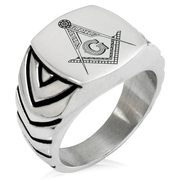 Stainless Steel Freemasons Masonic Floral Compass Chevron Pattern Biker Style Polished Ring