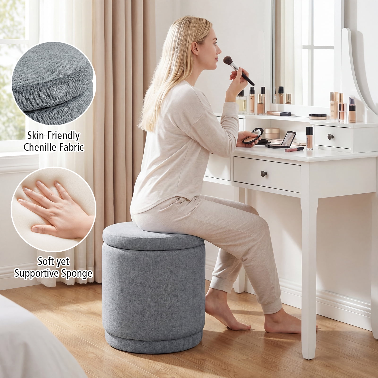Costway Round Storage Ottoman Foot Rest with Removable Lid 400 LBS Weight Capacity for Home Gray