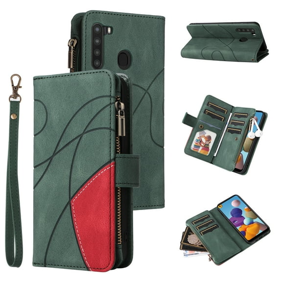 Multifunctional Case for Samsung A21,[RFID Blocking] 9 Credit Cards Holder with Wrist Strap, Premium PU Leather Zipper Wallet Purse Magnetic Flip Phone Cover for Samsung Galaxy A21, Green