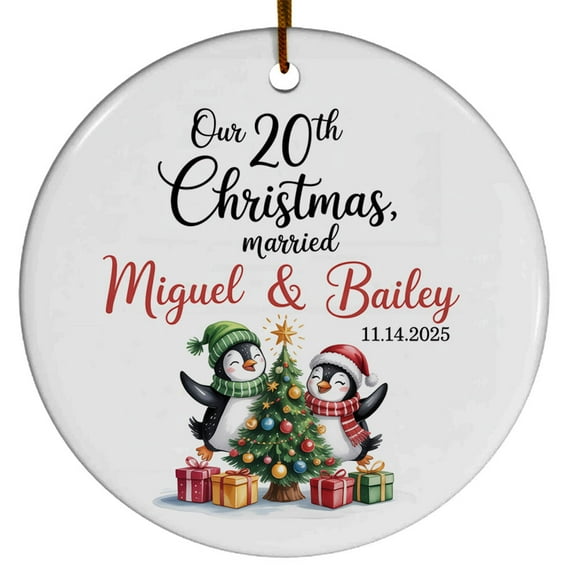 Our 20TH Christmas Married Ornament Gift for Mr & Mrs Wedding Anniversary, 20th Xmas Married Christmas Ornament, Customized Date/Name Mr & Mrs Penguin Together Christmas Ornament