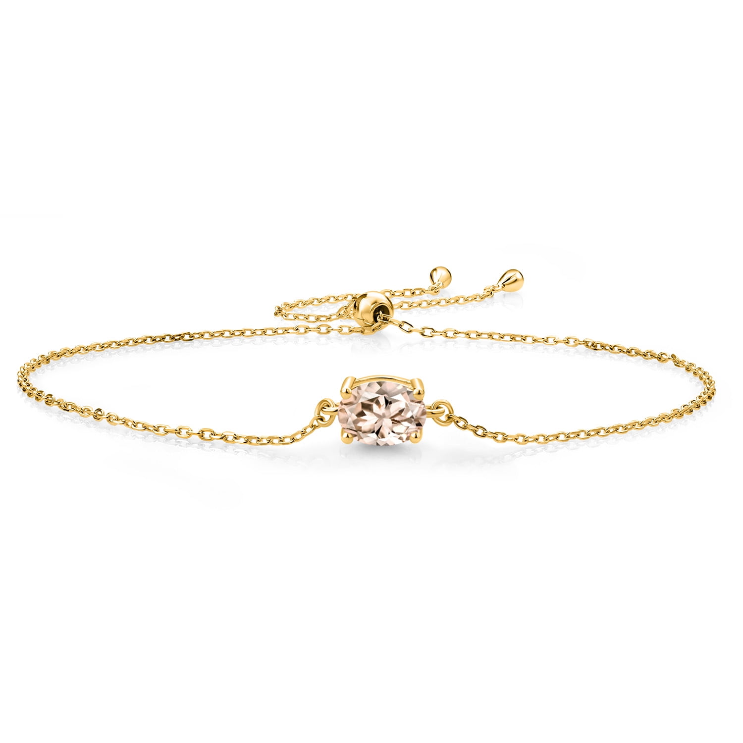 Gem Stone King 18K Yellow Gold Plated Silver Peach Morganite Solitaire Bracelet for Women (1.00 Cttw, Oval 8X6MM, Gemstone October Birthstone, Fully Adjustable up to 9 inch)