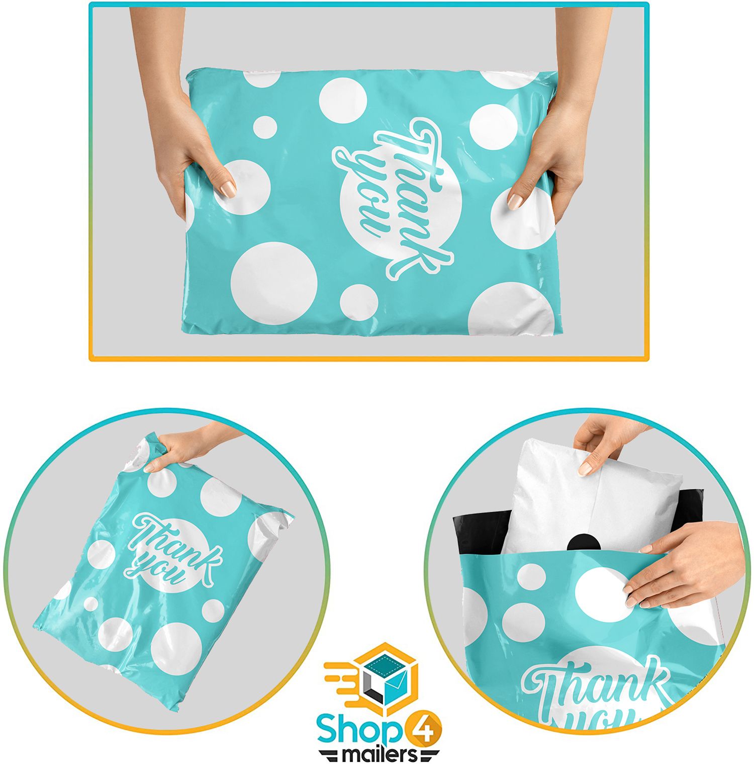 Shop4Mailers 10 x 13 Glossy Thank You Polka Dot Teal Poly Bag Mailer Envelopes 2 Mil 100 Pack