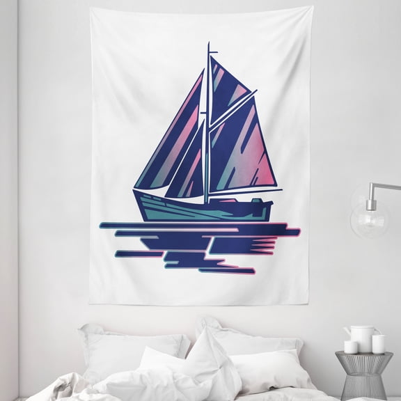 Sailing Boat Tapestry, Continuous Sailing Boat 80's Style on Plain Backdrop Pattern, Wall Hanging for Bedroom Living Room Dorm Decor, 60W X 80L Inches, Sky Blue White and Mauve, by Ambesonne
