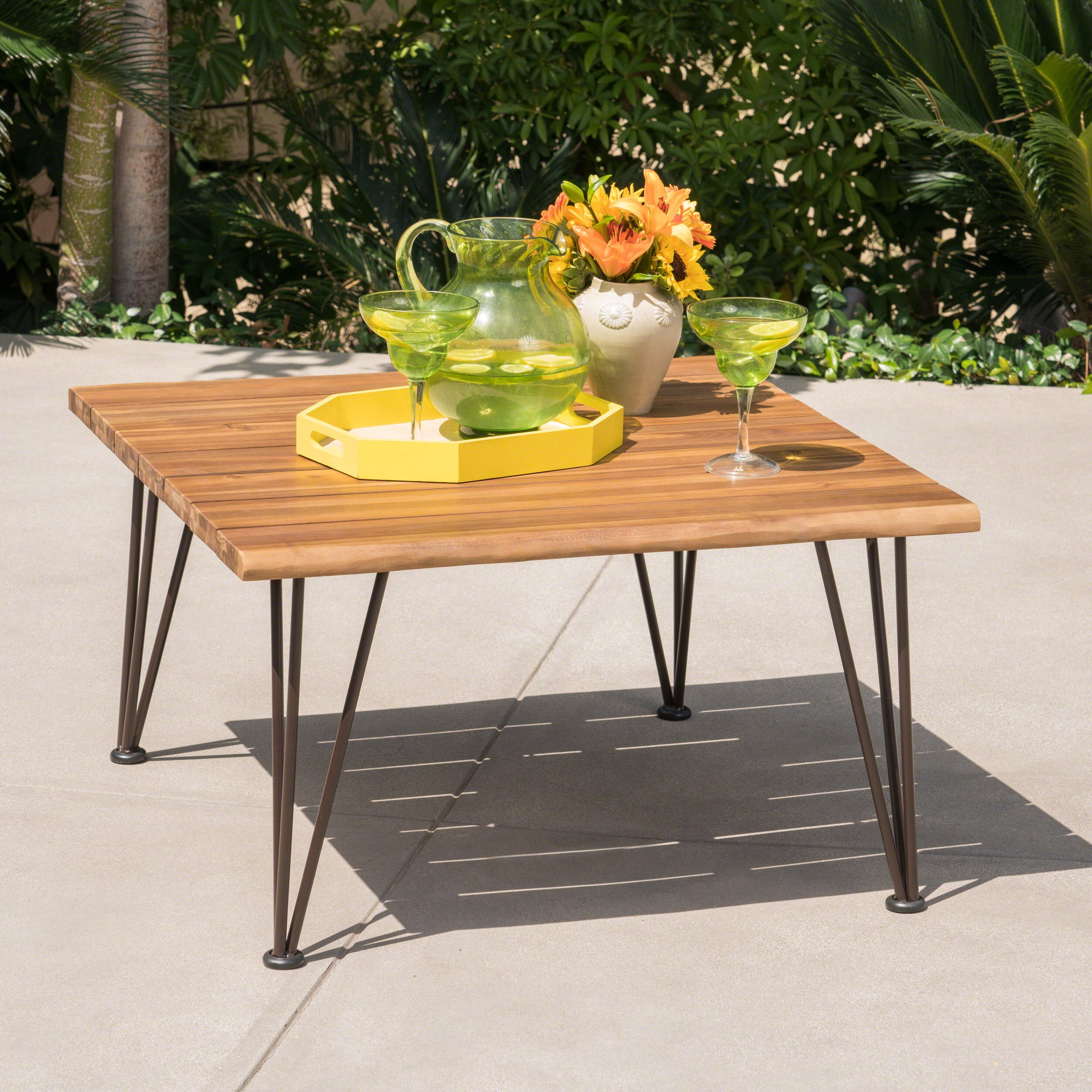 Outdoor Industrial Style Coffee Table, Wood and Metal Combined Leisure Table for Patio Garden, Teak and Black